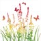 Multicolor silhouettes of flowers and grass with butterflies