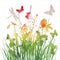 Multicolor silhouettes of flowers and grass with butterflies