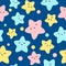 Multicolor stars, cute seamless pattern for babies, kids print. Vector illustration on classic blue background