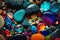 Multicolor stones Pebble background. Smooth round wet glass stones texture background. Generative AI