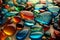 Multicolor stones Pebble background. Smooth round wet glass stones texture background. Generative AI