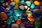 Multicolor stones Pebble background. Smooth round wet glass stones texture background. Generative AI