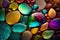 Multicolor stones Pebble background. Smooth round wet glass stones texture background. Generative AI