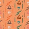 Multicolor tribal triangles and abstract lines in geometric design. Seamless vector pattern on orange background. Great