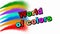 Multicolored animated inscription World of colors flying on multicolored splashing background. Multicolored aerosol in