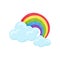 Multicolored arched rainbow with blue fluffy clouds. Cartoon weather symbol. Flat vector for print, mobile app or