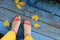 Multicolored autumn pedicure in orange sandals with yellow leaves