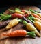 Multicolored baby carrots against dark background