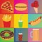 Multicolored background with food icons inspired by Andy Warhol