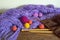 Multicolored balls of wools, unfinished knitting, knitting needles and crochet hook on rustic table