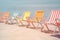 Multicolored beach chairs on sand beach. Summer vacation concept background with copy space. Created with generative Ai