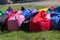 Multicolored bean bag on a meadow