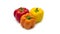 Multicolored bell peppers on a white background. Red, orange and yellow bell peppers.