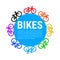 Multicolored Bicycle Icons and Blue Circle Background. Vector Illustration