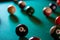 Multicolored billiard balls with numbers on the pool table. Sports game billiards on a green cloth