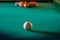 Multicolored billiard balls with numbers on the pool table. Sports game billiards on a green cloth. Copy space.