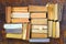 Multicolored books, flat lay, on rust background,reading, education, literature,learning