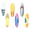 Multicolored, bright surfboards in yellow, orange, grey, blue and pink. Watercolor illustration. Set of isolated