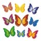 Multicolored butterflies yellow, blue, green, mix on a white background