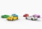 Multicolored cars facing each other in a circle on white background