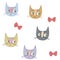 Multicolored cats and red bows on a white background seamless pa