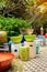 Multicolored ceramic bowls, Colorful pots and cups or vases hand