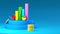 Multicolored chart columns on a pedestal, stylized coins on a blue background with space for text or logo. 3D rendering. Financial