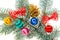 Multicolored Christmas balls, bows and cone