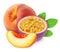 Multicolored composition with assortment of fruits - fruits - passion fruit and peach isolated on a white background with clipping