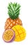 Multicolored composition with assortment of sweet tropical fruits - pineapple, passion fruit and mango, isolated on a white