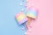 Multicolored Cotton candy. Pastel marshmallows. Minimal style. Pastel background