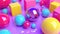 Multicolored cubes and spheres on a glossy light purple background