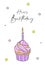 Multicolored cupcake with a candle. Colorful happy birthday greeting card