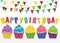 Multicolored cupcakes with letters and words happy birthday.