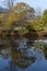 Multicolored deciduous trees growing on the banks of the river and mirroring on the surface