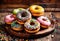 Multicolored donuts with sprinkles on wooden background