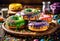 Multicolored donuts with sprinkles on wooden background