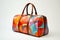 Multicolored duffel bag with brown leather strap on white background. Generative AI