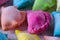 Multicolored dumplings close-up, pink