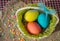Multicolored eggs in easter festive basket on canvas napkin