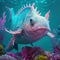 Multicolored fairy fish with big bulging eyes in close-up on the background of the seascape with corals. Concept art. AI generated