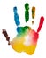 Multicolored fingerprint of the right hand, photo on white background. The palm print gouache.