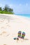 Multicolored flip-flops and sunglasses on a sunny beach.Tropica