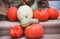 Multicolored fresh pumpkins group decoration in stone stair
