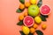 Multicolored grapefruits, lemons and tangerines. Living coral background