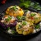 Multicolored grilled cauliflower steaks with greens and herbs in black plate, close up. Healthy eating, plant based meat