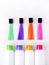 Multicolored hair dye swatches and bottles. Tinting or dying hair care product. Copy space