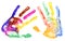 Multicolored hand prints on white