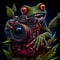Multicolored happy frog with camera. AI generative