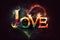 Multicolored illustrative design with the word love. Creative visual effects.